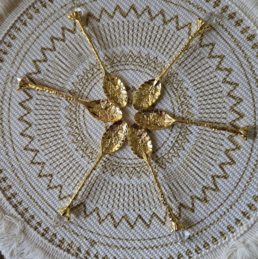 New! 6 Pc Small Gold, Crystal Topped dessert tea coffee spoons.